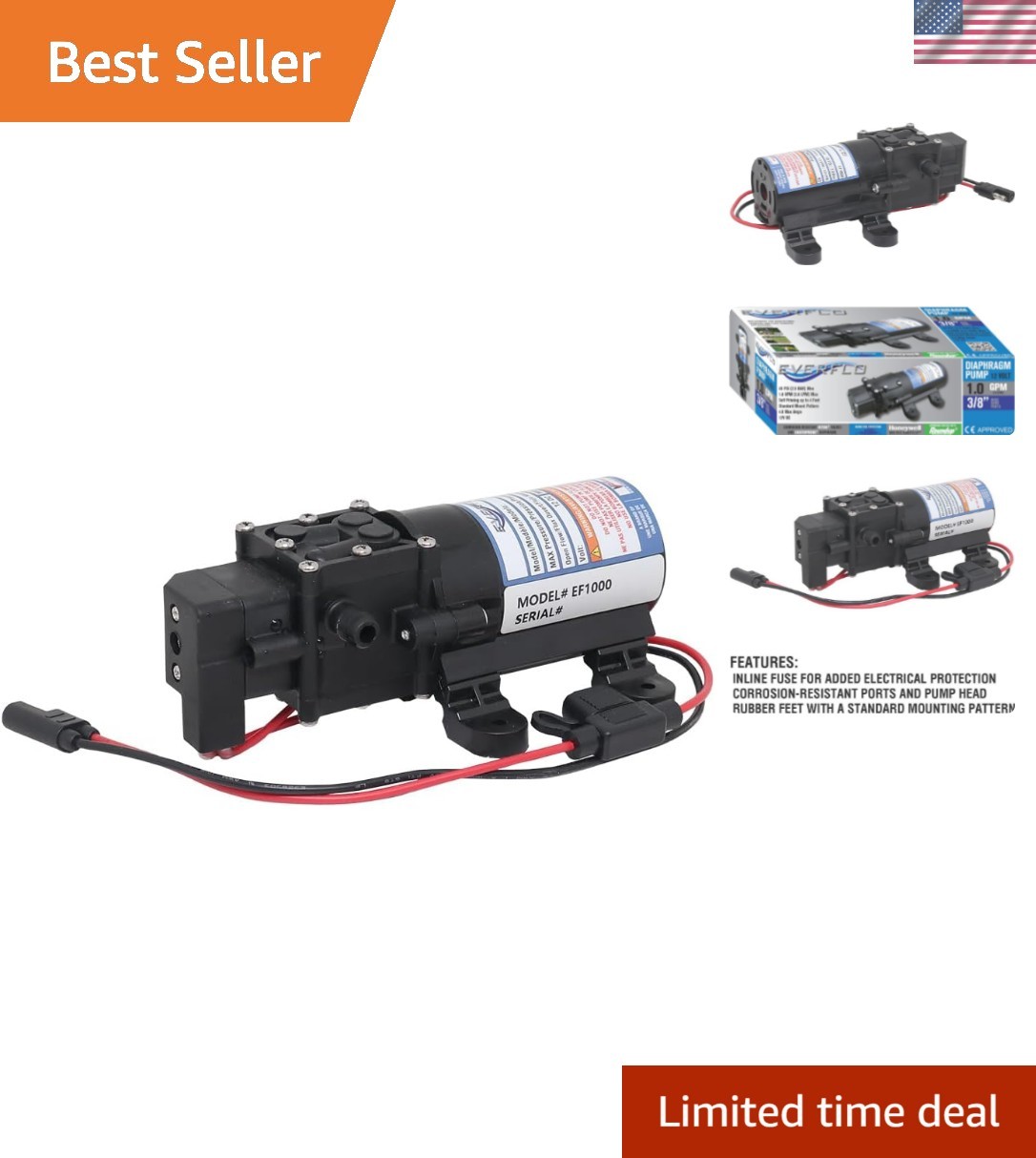 EF1000-BOX 12V Diaphragm Pump with 3/8″ Hose Barb Ports, 1.0 Gpm
