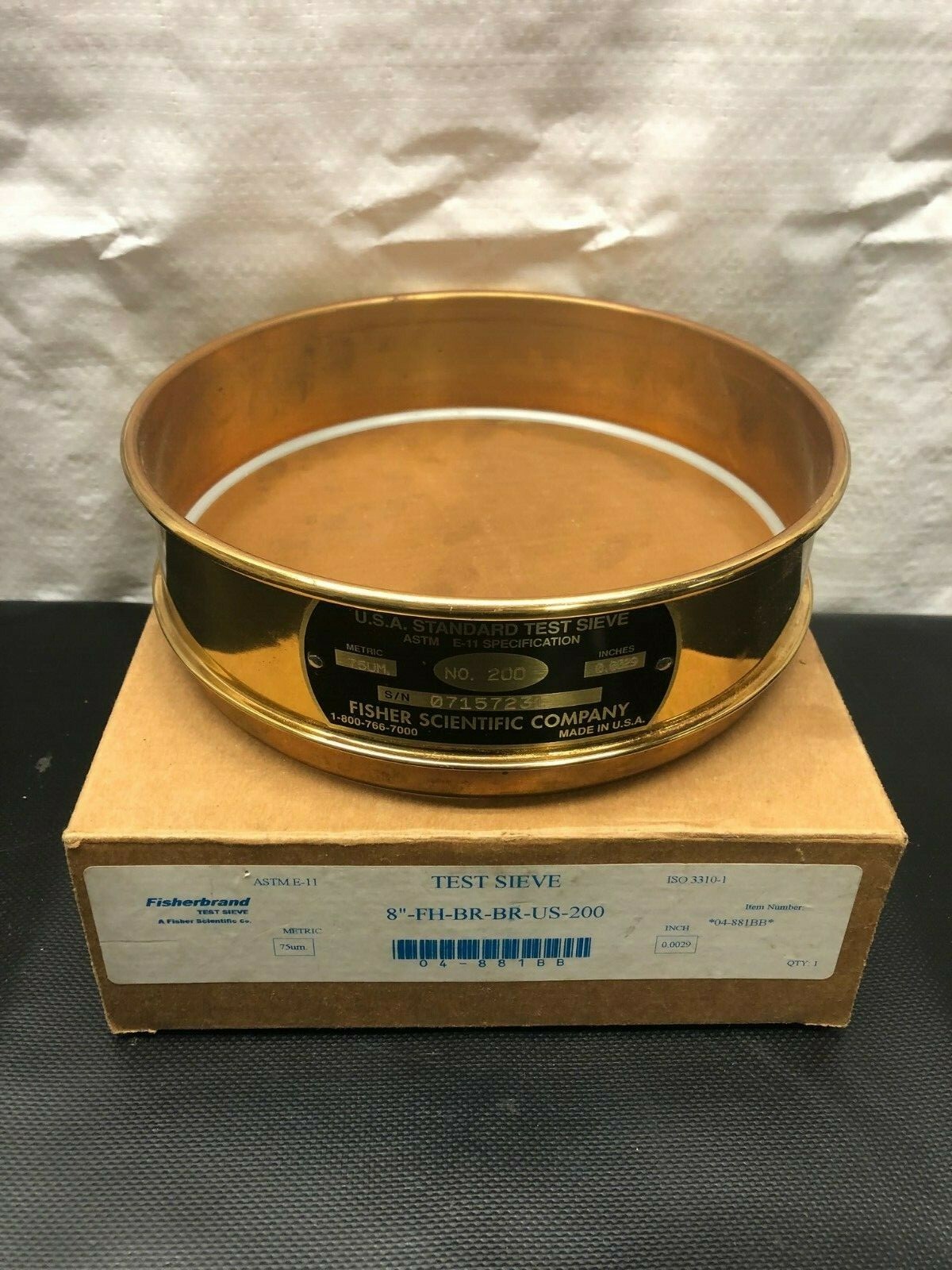 Fisher Scientific Brass Test Sieve, No. 200, Pore Size: 75 um, 8” Diameter