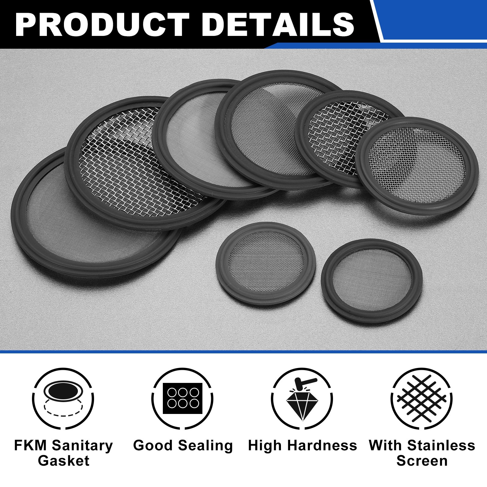 2.5» FKM Sanitary Gasket, 10 Mesh Sanitary Filter Gasket, Grey