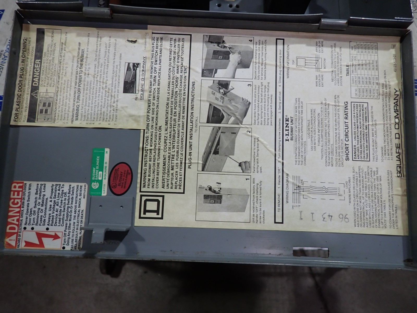 Square D PQ3603G 30 amp 600 volt Fusible 3 Phase 3 Wire 20 HP Bus Plug BP596