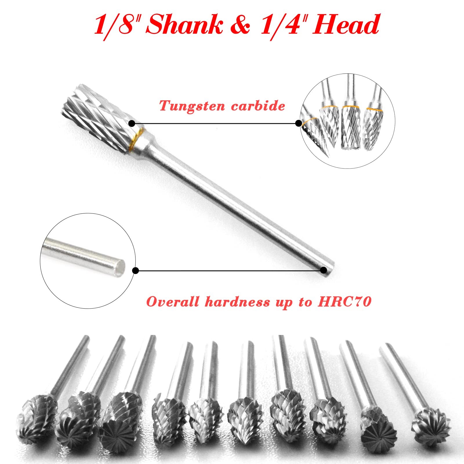 Tungsten Carbide Rotary Burr Set 10PCS Double Cut Grinding Head 1/4 In Die Gr…
