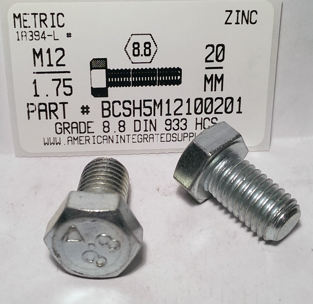 M12-1.75X20MM HEX HEAD CAP SCREWS GRADE 8.8 STEEL ZINC PLATED (50)