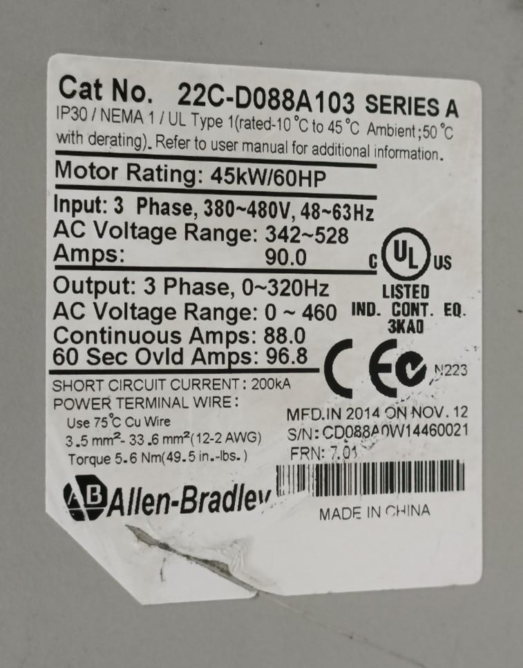 Allen-Bradley 22C-D088A103 PowerFlex 400 AC Drive Series A 60HP 45kW 3PH IP30