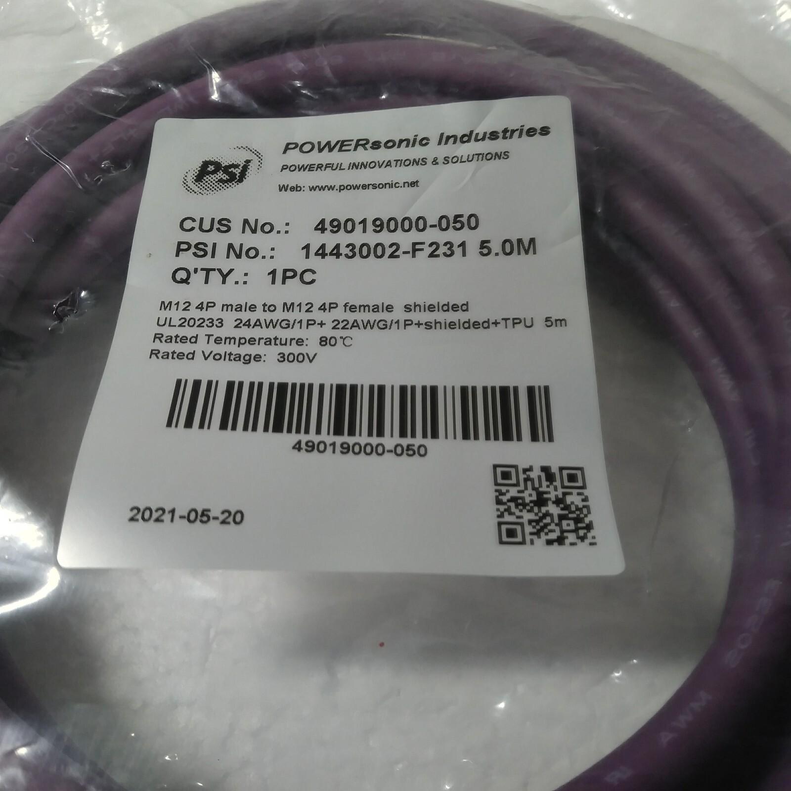 Powersonic Industries 49019000-050 M12 4P Male To M12 4P Female Shielded Cord 5M