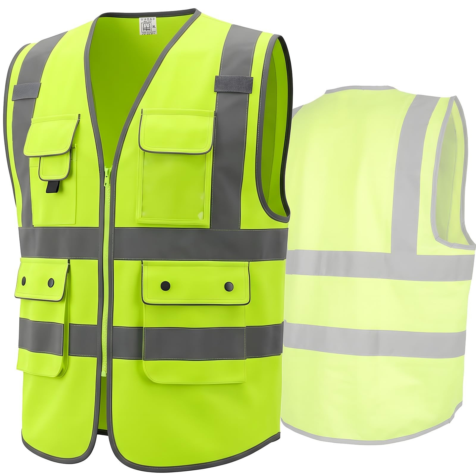 Class 2 High Visibility Safety Vest with Zipper Front 9 Pockets & Reflective L