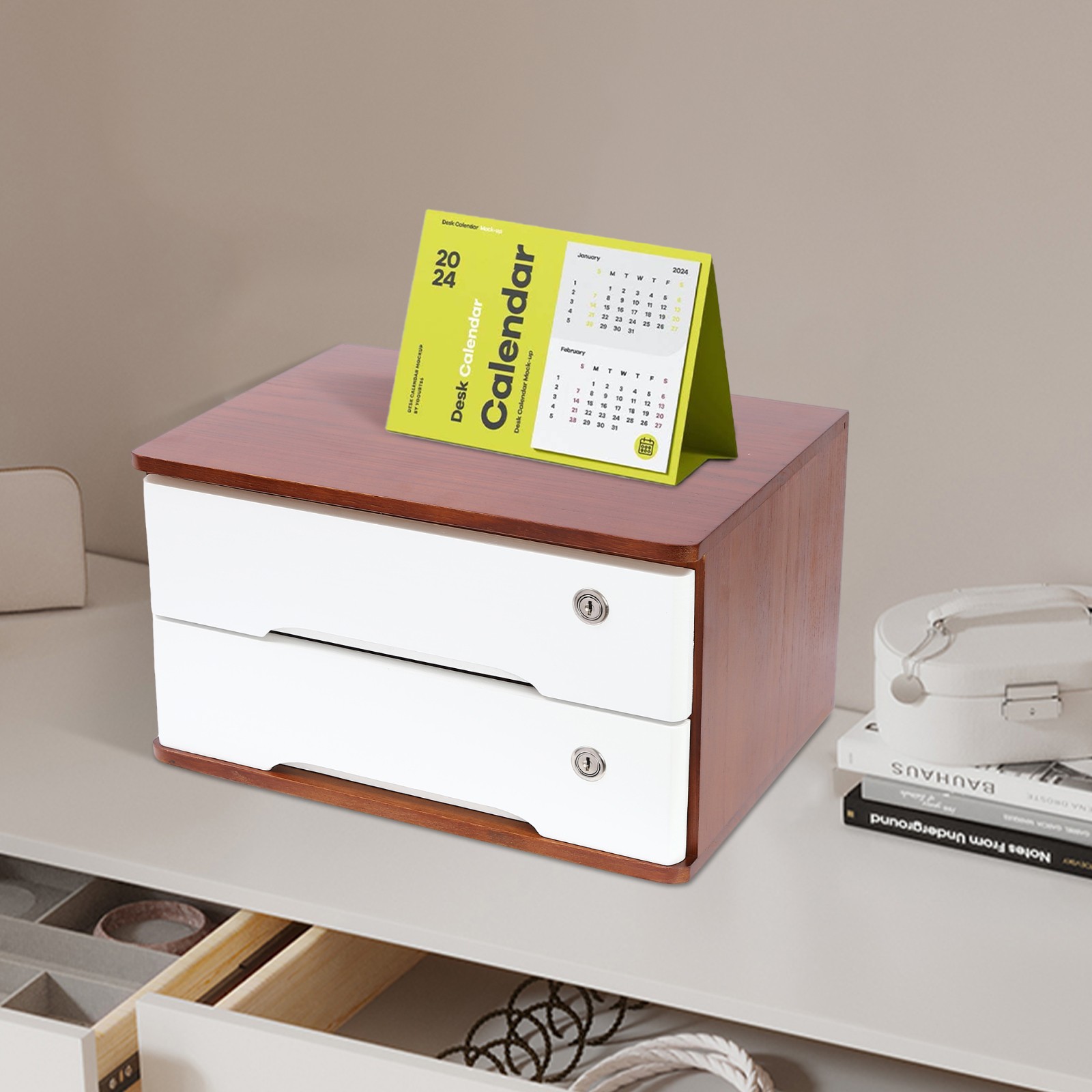 Premium Tung Wood Desktop Organizer 2 Tier Lockable Drawers Storage Solution