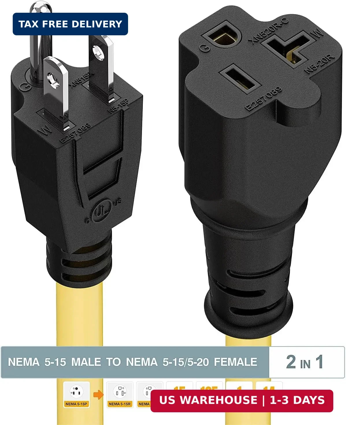 1-Foot 15 Amp Household AC Plug to 20 Amp T Blade Adapter Cable， Nema 5-15P to 5