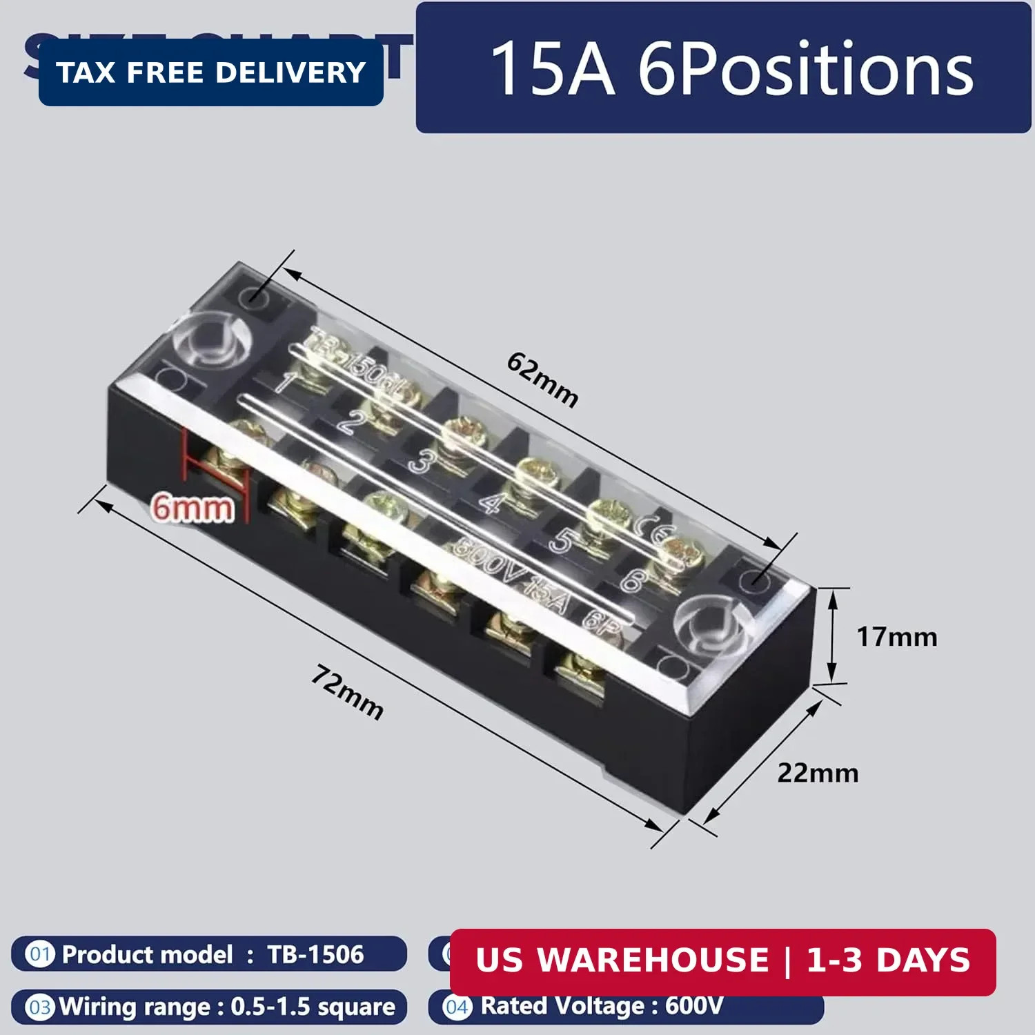 Terminal Block (2 Sets) 2Pcs 6 Positions Dual Row 600V 15A Screw Terminal Strip