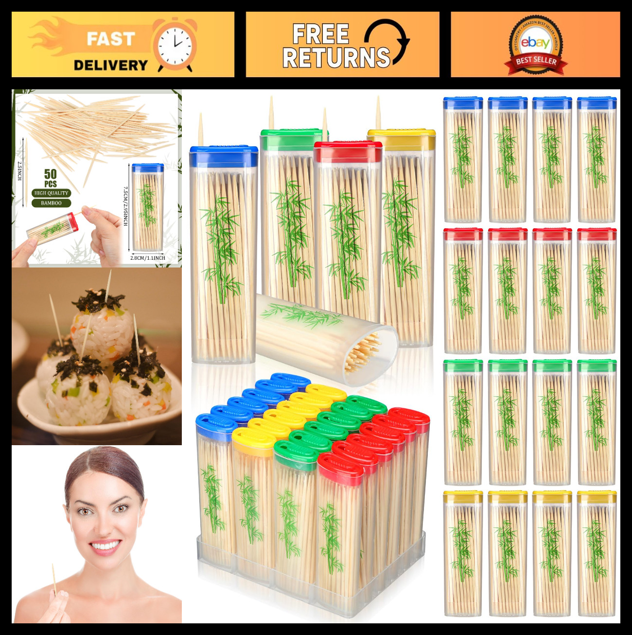 48 Packs Bamboo Toothpicks Dispenser with Reusable Holder – Travel Storage, 2400