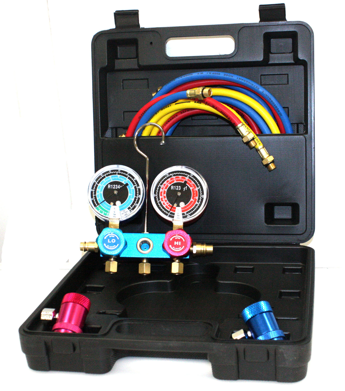 R1234YF HVAC Air Conditioning Aluminum Manifold Gauge Set W/ 3 Color Hoses A/C