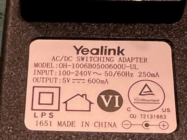 Yealink OH-1006B0500600U-UL AC Adapter ( 5V 600mA) for SIP-T21P, T23P IP Phones
