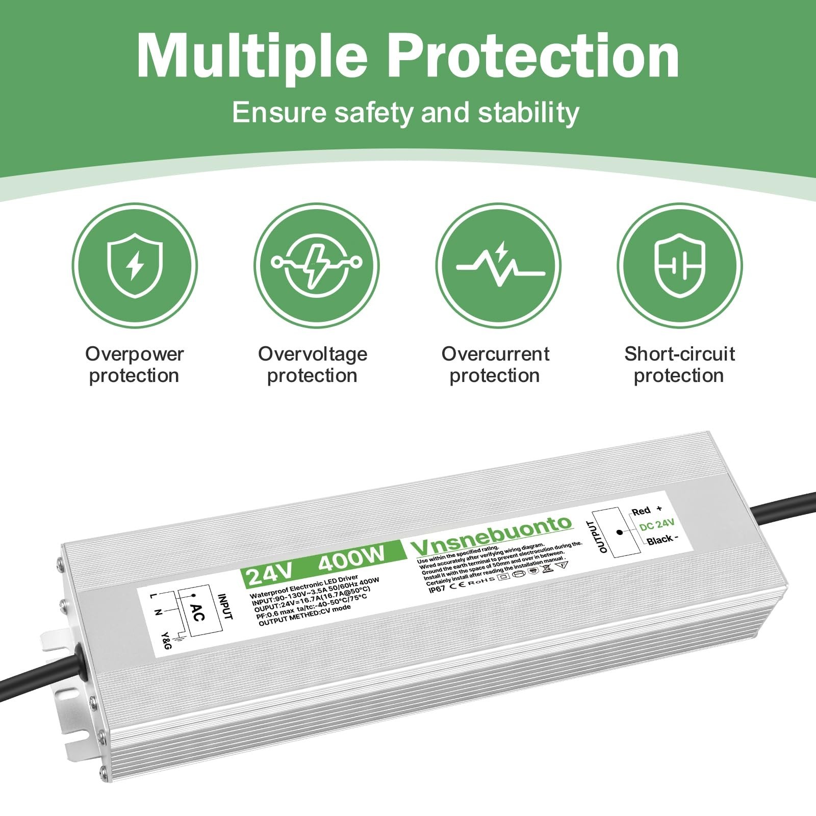 24V Power Supply 400W, 90-130V AC to 24V DC 16.7A Converter, IP67 Waterproof …
