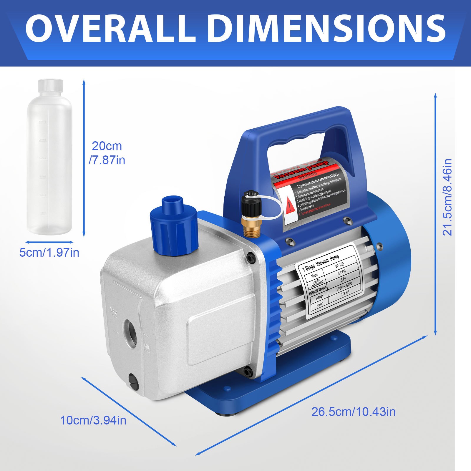 4 CFM AC Vacuum Pump 1/3 HP Single Stage HVAC Refrigeration R134a R22 R12 R502