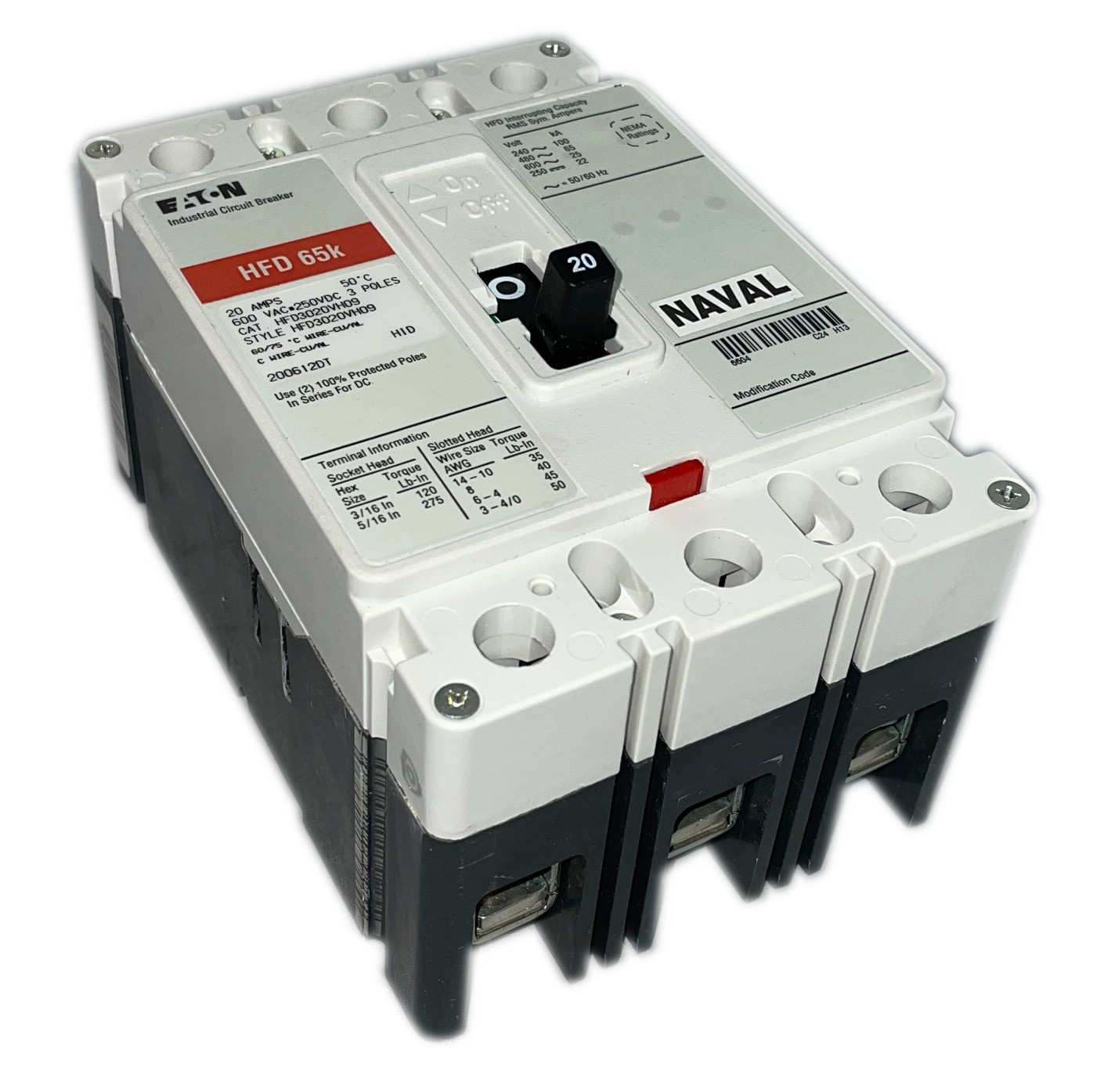 Eaton HFD3020VH09 Circuit Breaker, 20 Amp, 600Vac, 3-Pole, 50°C Rated, Naval