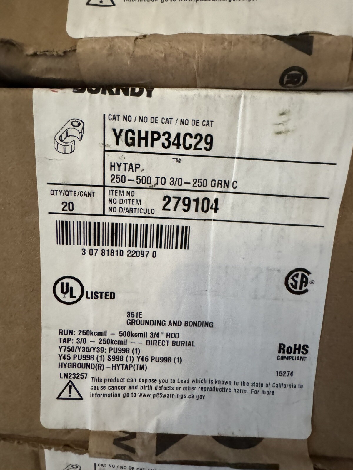 BURNDY YGHP34C29 Copper Compression Ground Rod Connector 279104 (Box of 20)