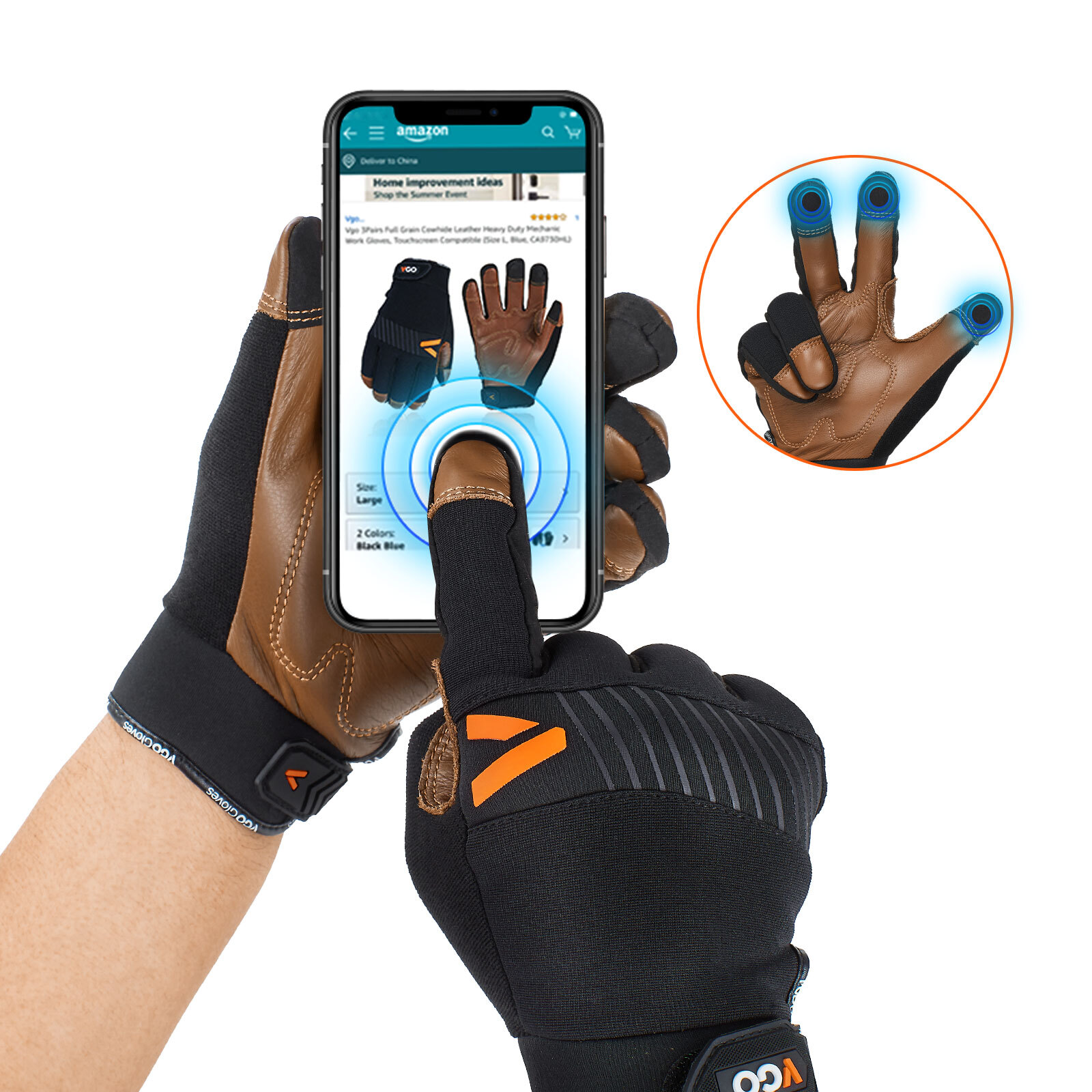 Vgo1Pair Safety Leather Mechanics Gloves,Anti-Vibration,Water Resistant(CA9765WP