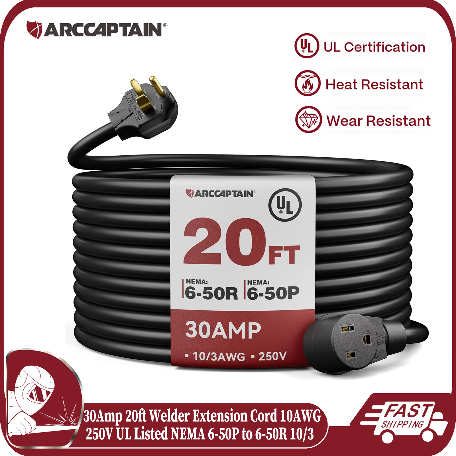 ARCCAPTAIN 10AWG 20ft Welder Extension Cord 30Amp 250V UL for Welding Machine US