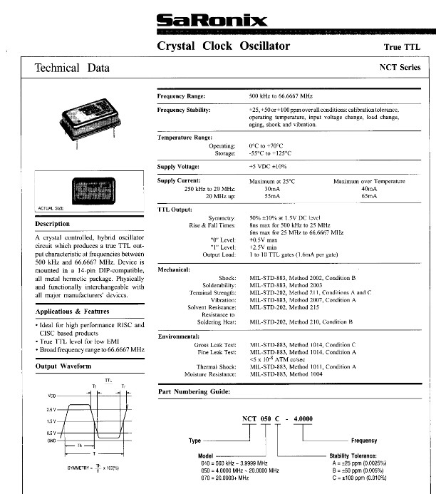 QTY (10) 20 MHz FULL SIZE OSCILLATORS 5V TRUE TTL NCT050C-20.0000MHz SARONIX