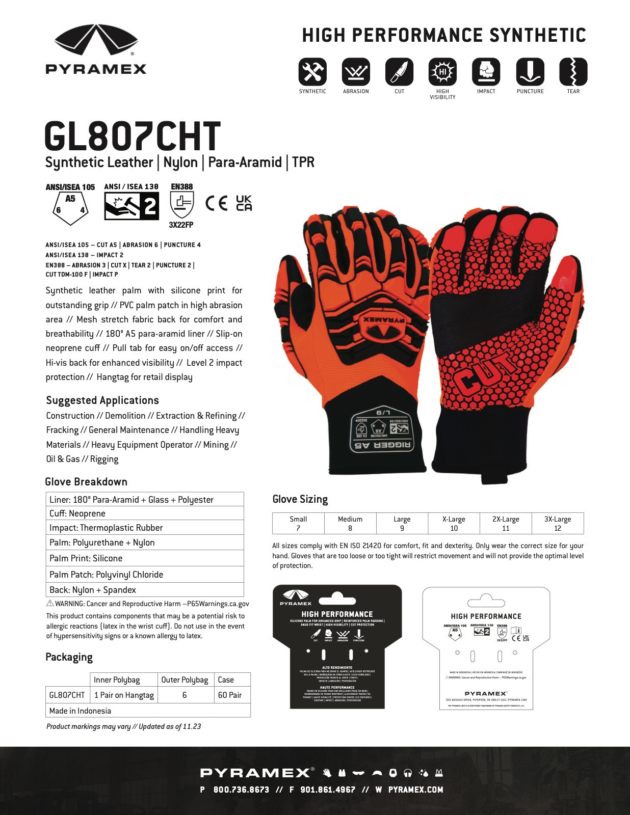 Pyramex GL807CHT – Synthetic Leather Silicone Palm A5 Cut Level 2 Impact