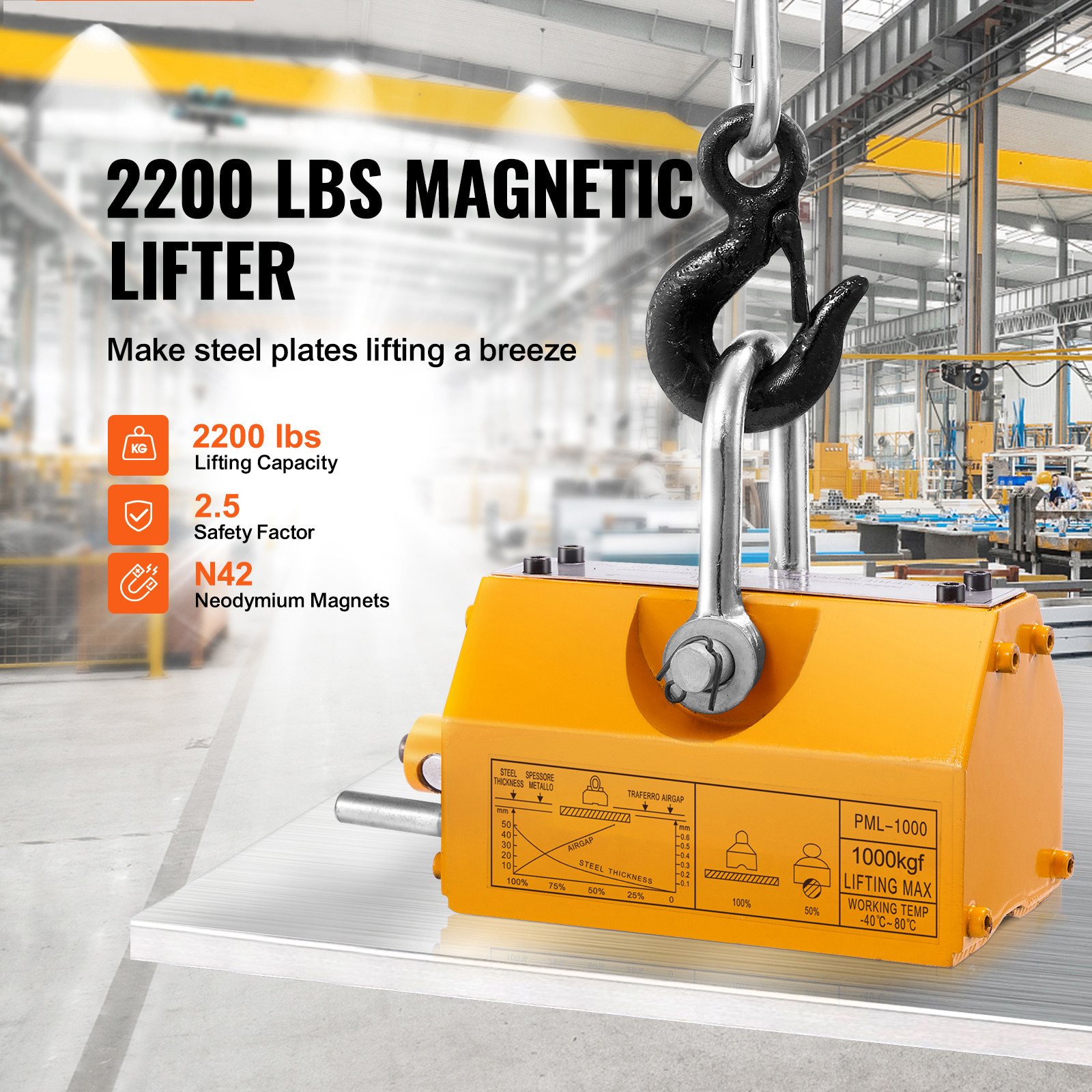 VEVOR Permanent Magnetic Lifter Lifting Magnet 2200 lbs/1000 kg Neodymium Hoist