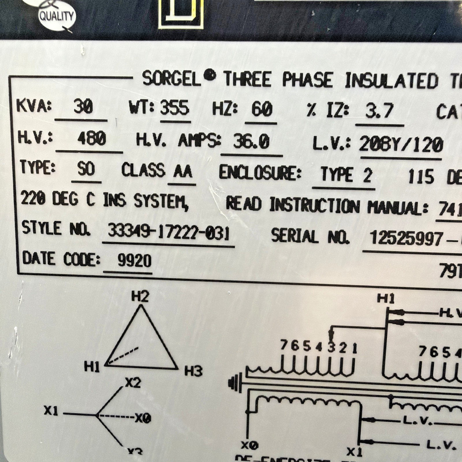 Square D 30kVA 480V Transformer 3PH 60HZ 208Y/120V 30T3HF1SNL 🟦