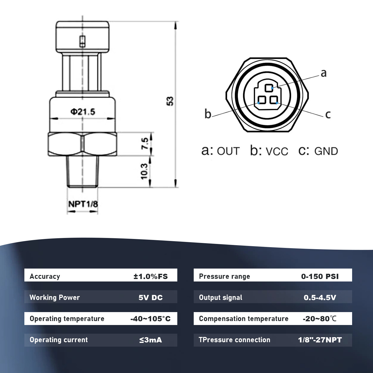 150PSI Stainless Steel Pressure Transmitter + Wiring for Oil Fuel Water