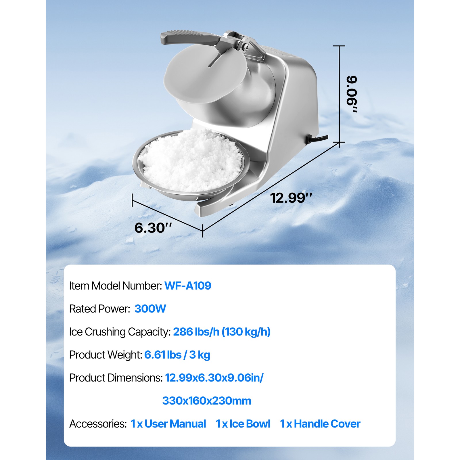 Uimoso Electric Ice Crusher Machine, 286 lbs/hr, Shaved Ice Maker, Silver