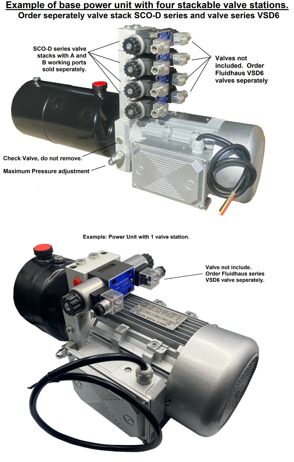 Hydraulic Power Unit 2hp: 1, 1.8 or 3.7 gpm 3000 psi, valve mount options