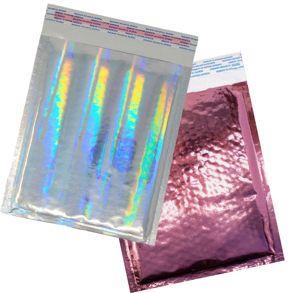 6×10 Pink & Hologram Metallic Bubble Mailers Holographic Air Shipping Envelopes