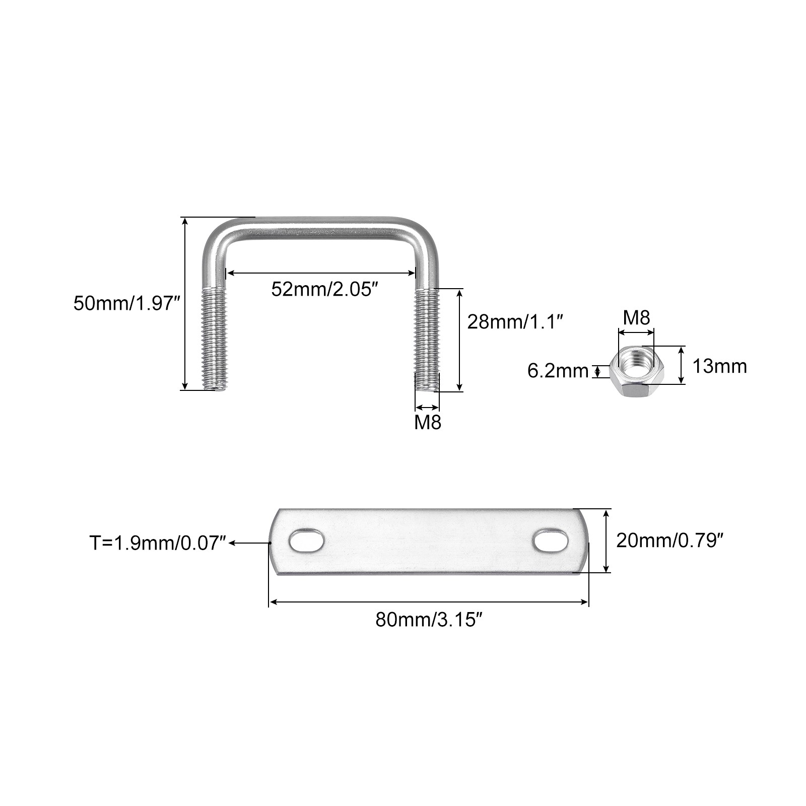 2 Sets Square U-Bolts 52mm Inner Width 50mm Length M8 with Nuts Plates