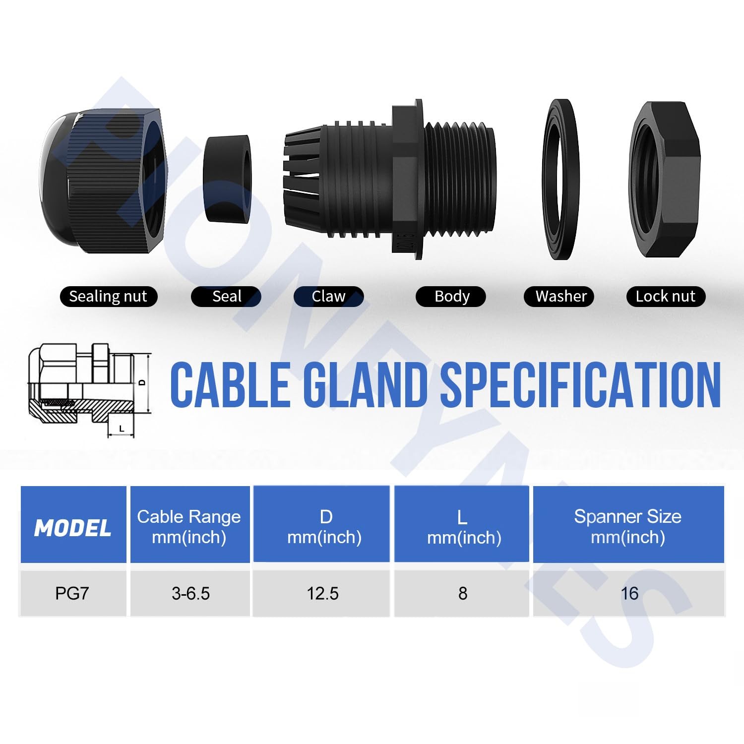 Cable Gland 100 PCS PG7 Waterproof Adjustable 3-6.5mm Nylon Joints