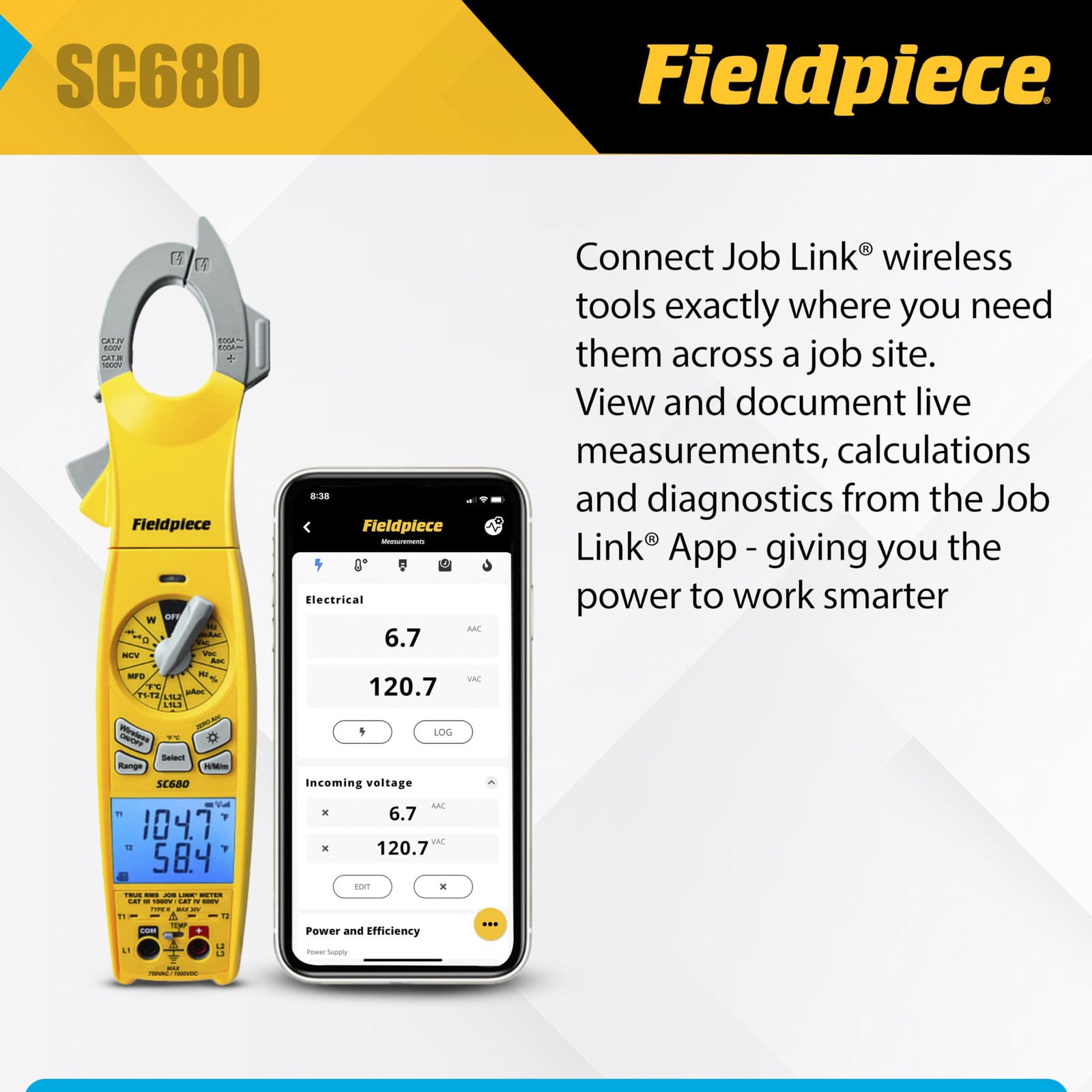Fieldpiece SC680 Clamp Meter – Wireless Power 4 x 18.5 x 3.5 inches, Yellow
