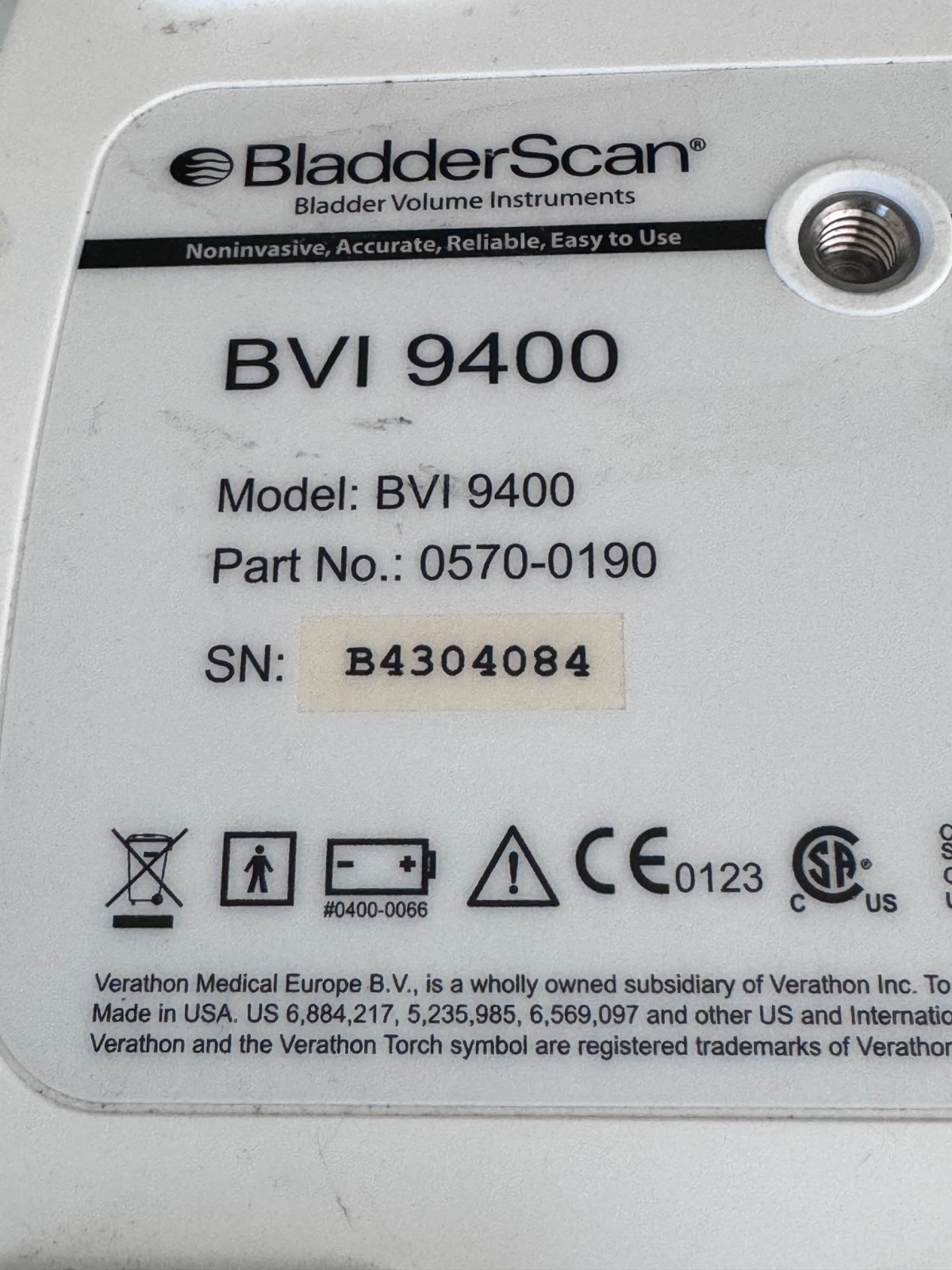Verathon BladderScan BVI 9400 REF 0570-0190 w/ Probe & Battery