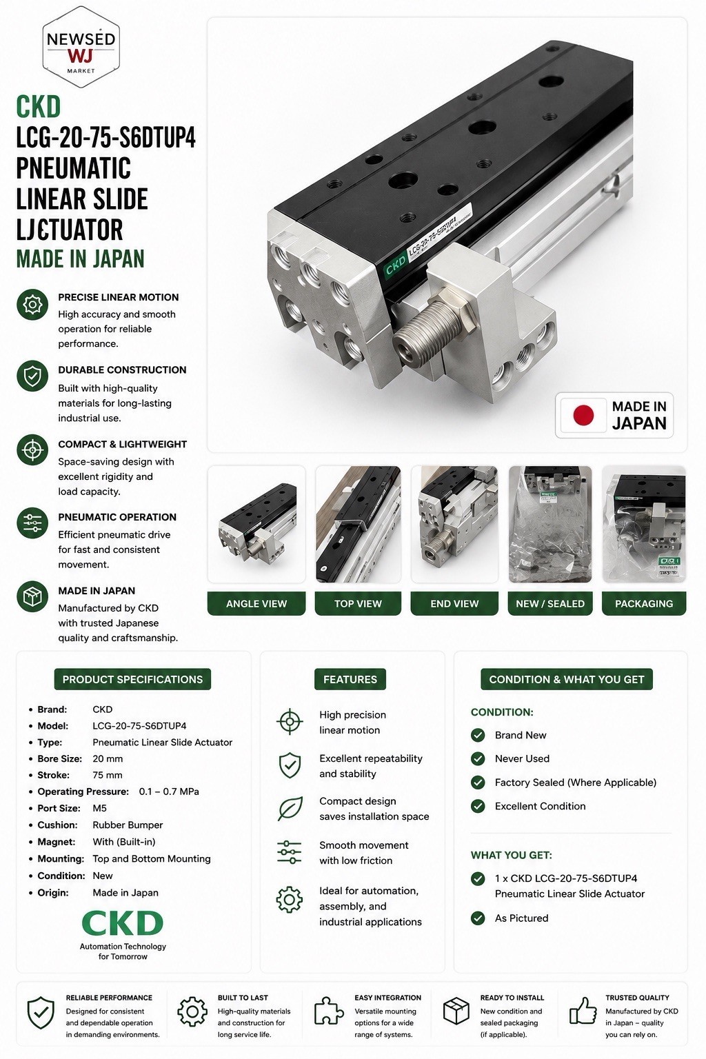 CKD LCG-20-75-S6DTUP4 Pneumatic Linear Slide Actuator Made in Japan