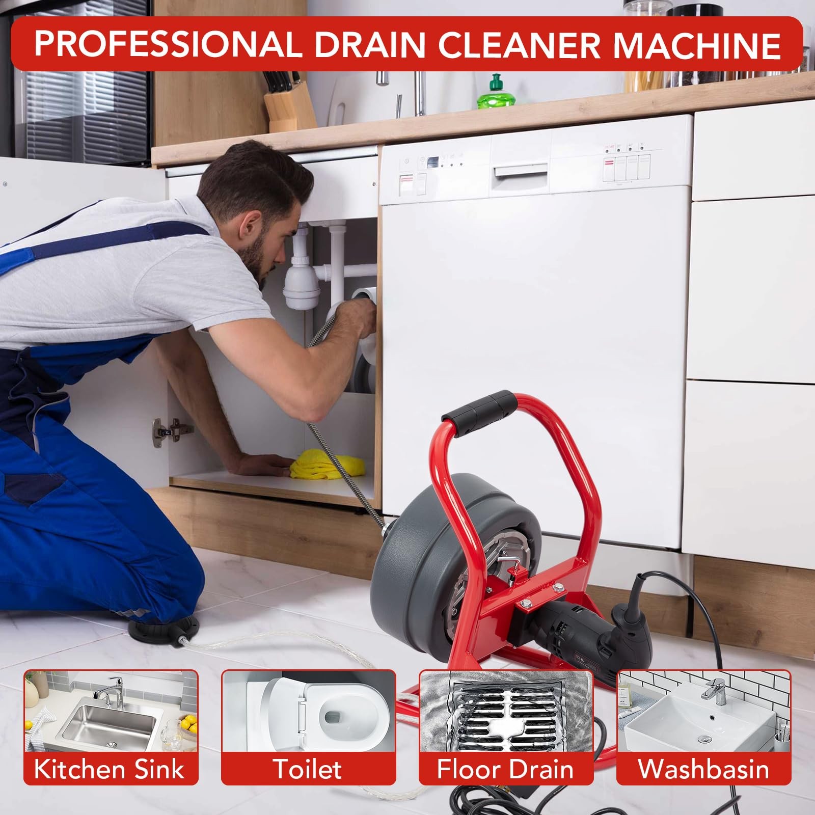 50Ft x 5/16″ Drain Cleaner Machine Drain Auger Sewer Snake Plumbing with Cutters