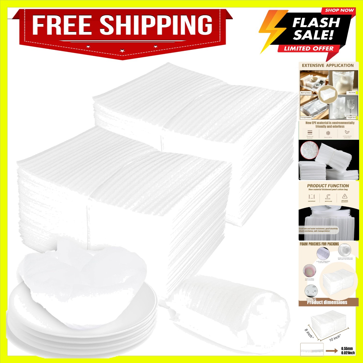 Versatile 8» x 10» Cushion Foam Pouches – 100 Count for Safe Packing of Dishes