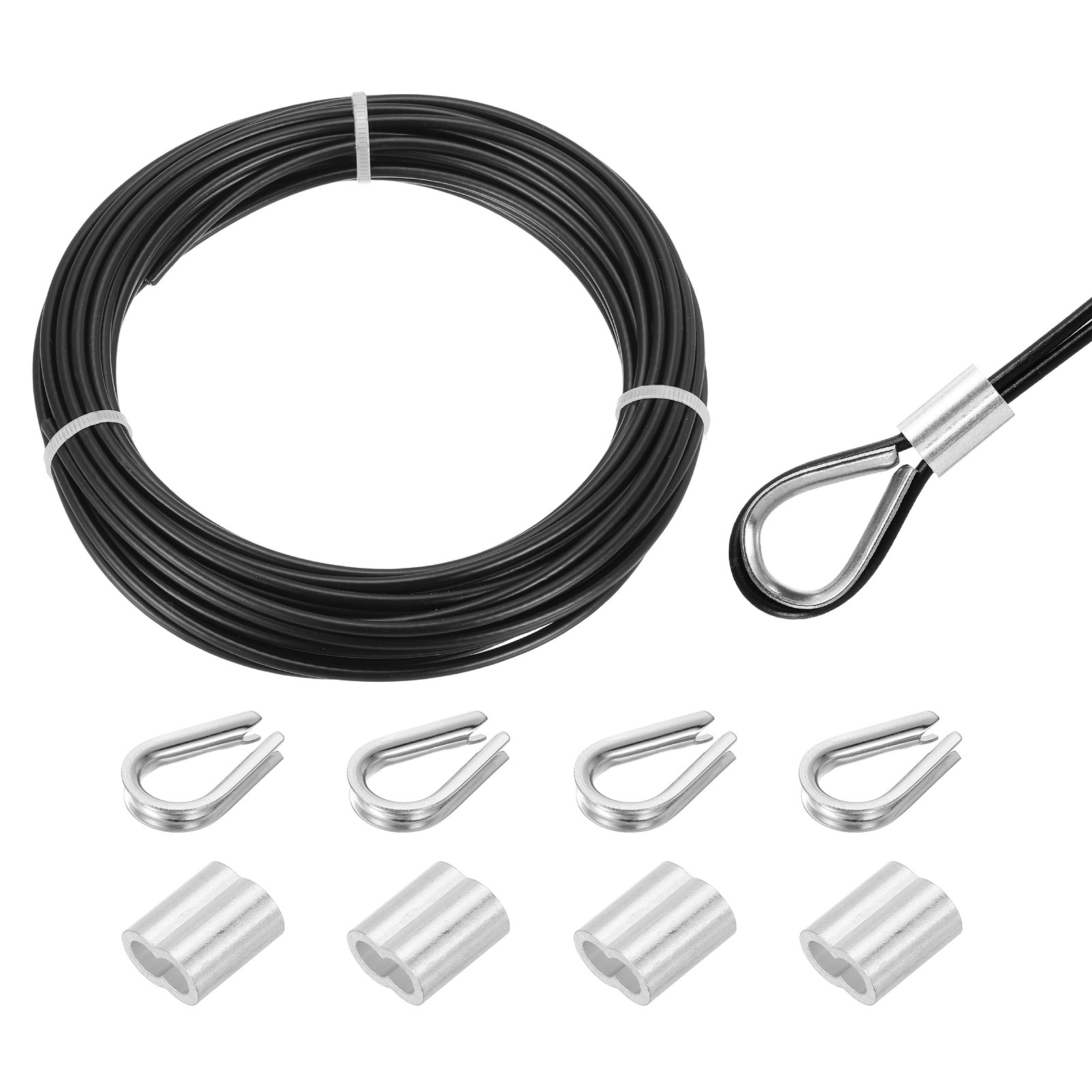 33Ft(10M) Wire Rope Stainless Steel Cable 1/8″ 4pcs Sleeves & Thimble Black