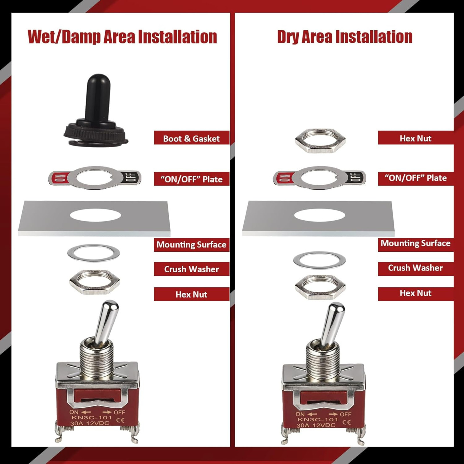 Waterproof Toggle Switch, Durable 12V 30A SPST 2Pin On/Off Heavy Duty Waterproof