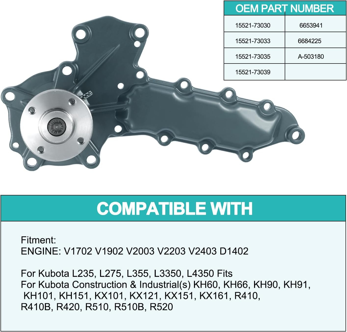 15521-73039 Water Pump for Bobcat S175 S185 743 753 Kubota V2203 V1902 Engine