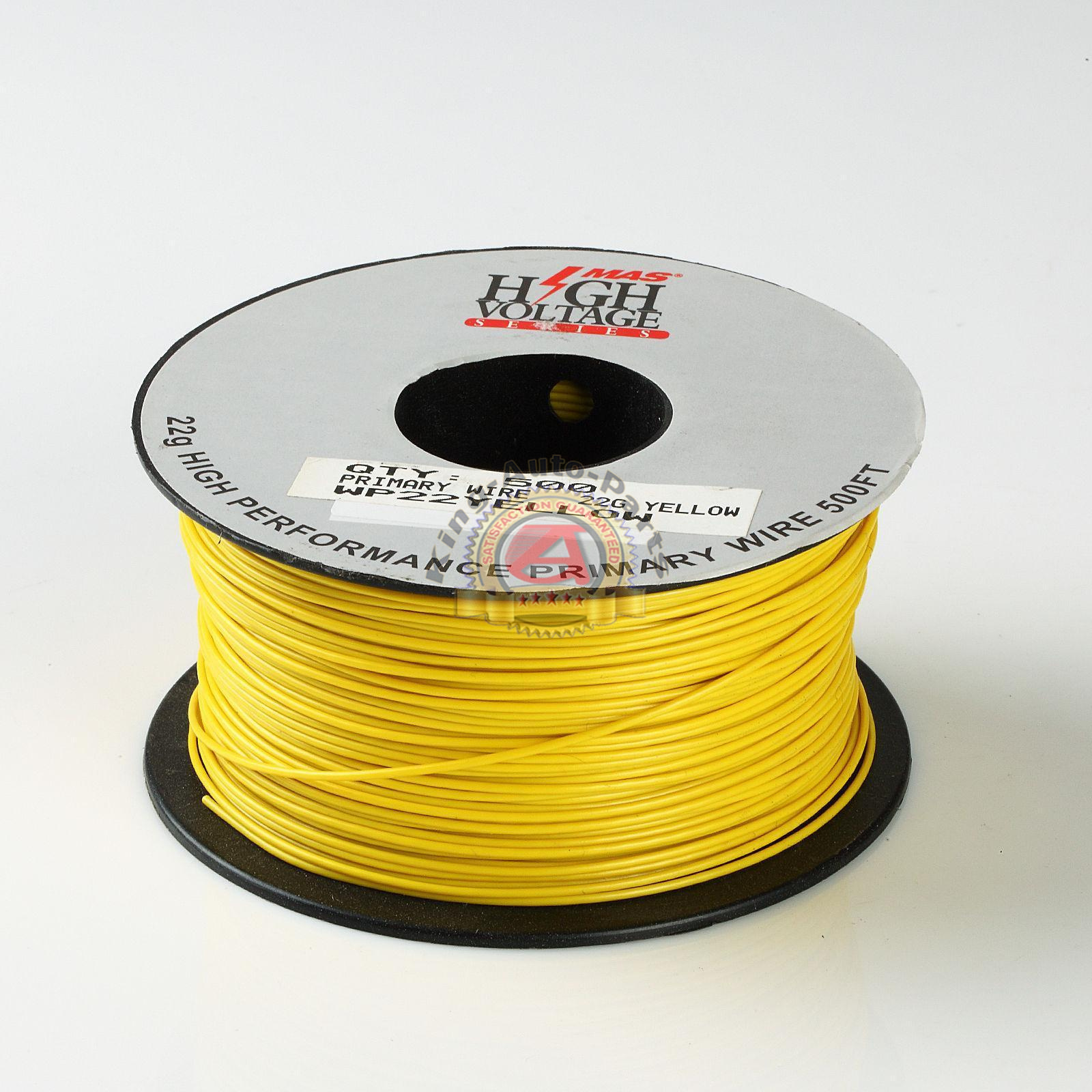 22 AWG Gauge Stranded Hook Up Primary Wire Yellow 500ft Material Copper PVC