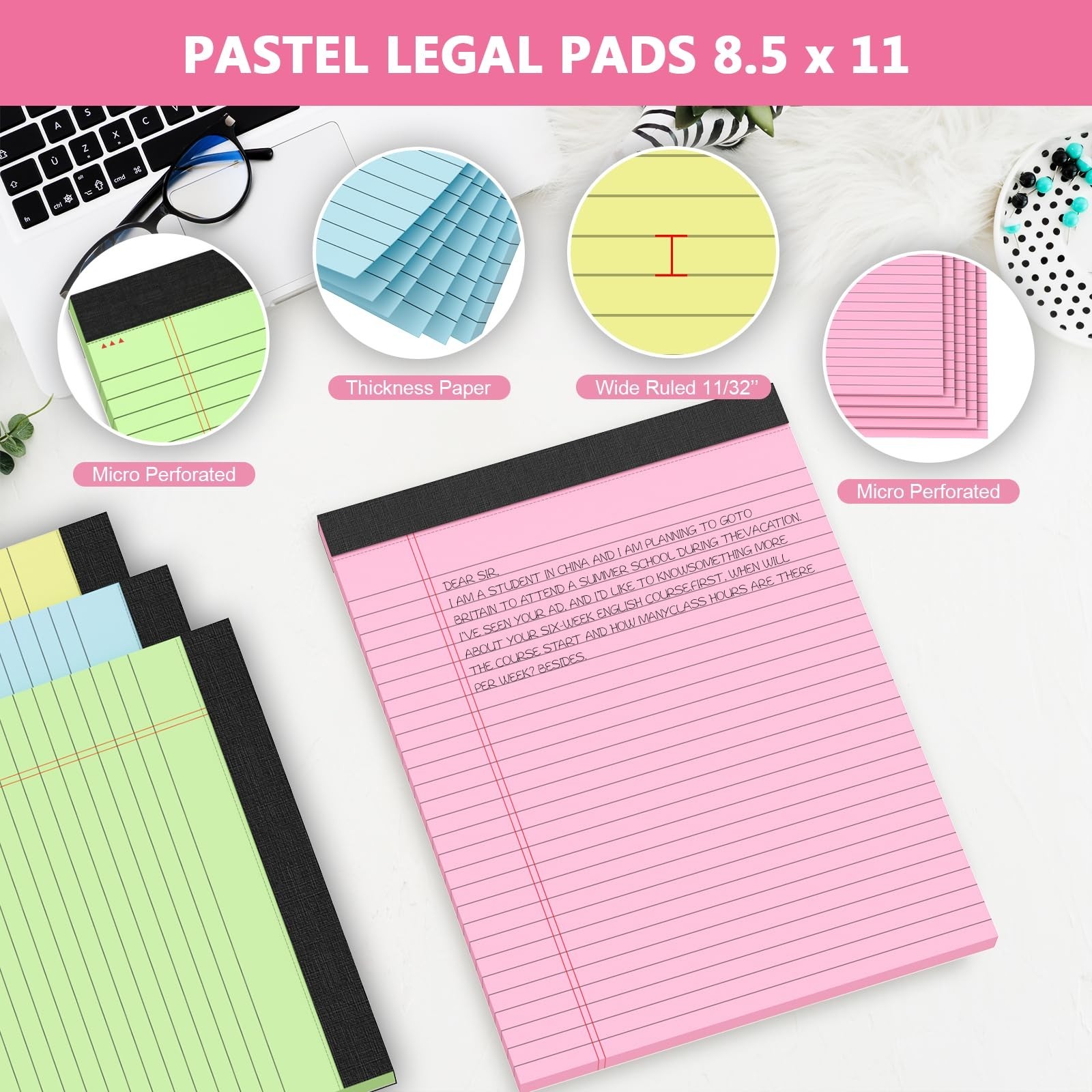 6 Pack Colored Legal Pads 8.5 x 11 Wide Ruled Writing Tablets Backboard