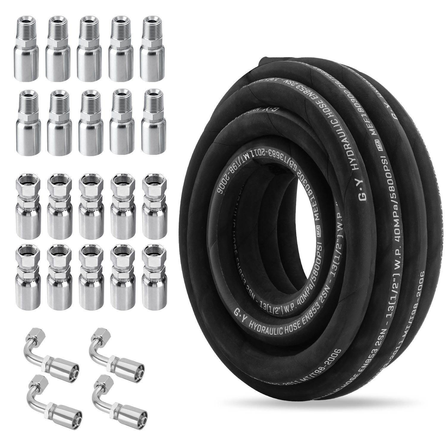 100 Feet 1/2″ HYDRAULIC HOSE WITH 24 FITTINGS TWO WIRE HOSE 40MPa / 5800 PSI NEW