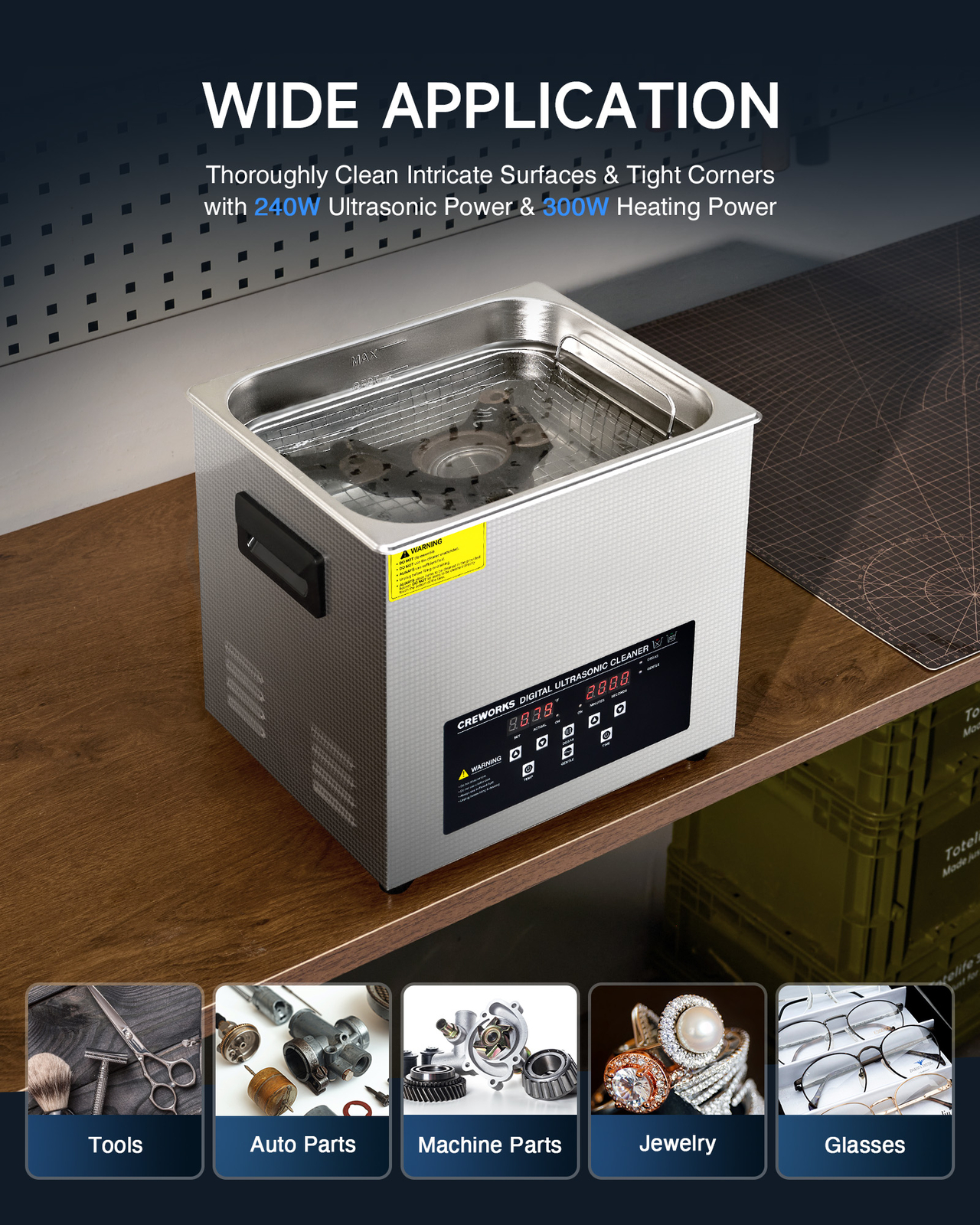 CREWORKS 10L Ultrasonic Cleaner for Machine Parts Auto Tool Jewelry Watch