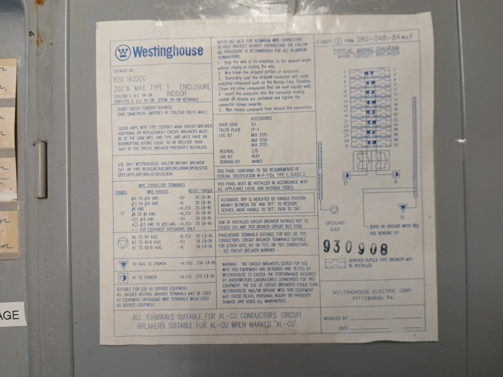 200 Amp Westinghouse Panel Cover 32 Space B201632CG
