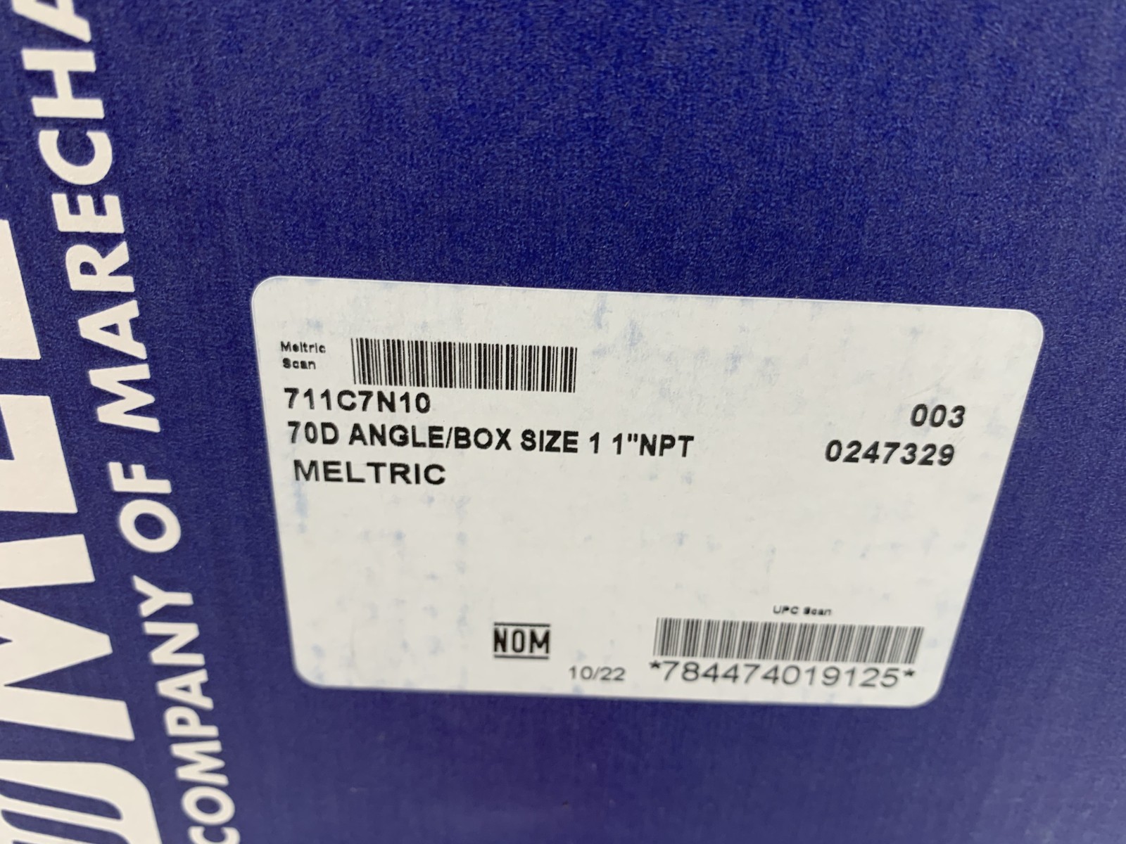 Meltric 711C7N10 70-Degree Blue Polyester Poly Box Angle Adapter Size 1 1″ NPT