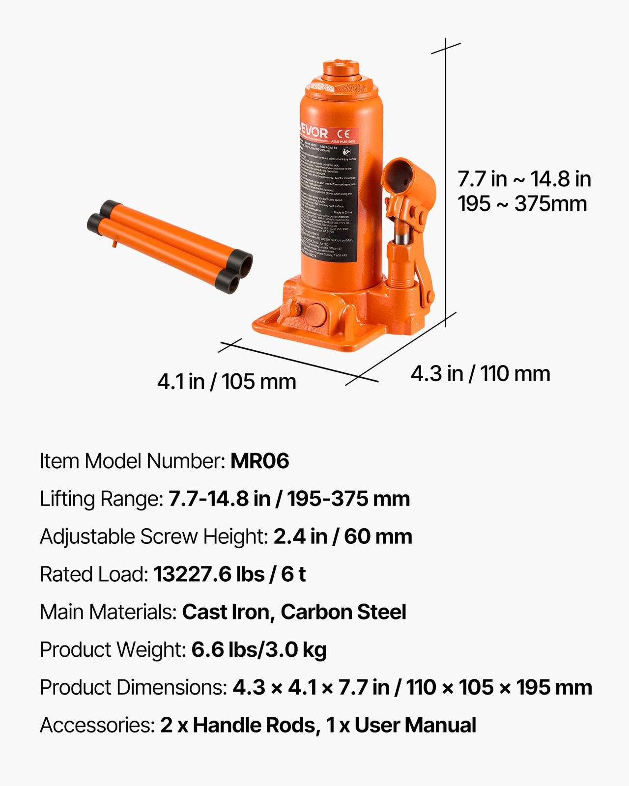 Hydraulic Bottle Jack, 6 Ton (13227.6 lbs) Capacity, 7.7-14.8 Inch Lifting Range