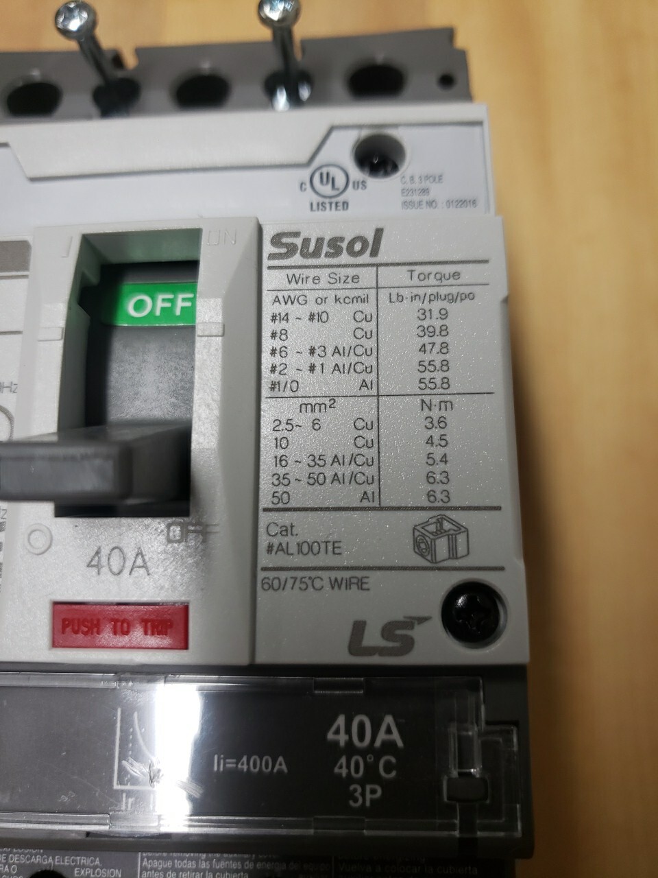 NEW LS MCCB UTE100E SUSOL CIRCUIT BREAKER 40A 3P 240/480VAC 50/25KA (KB) NEW