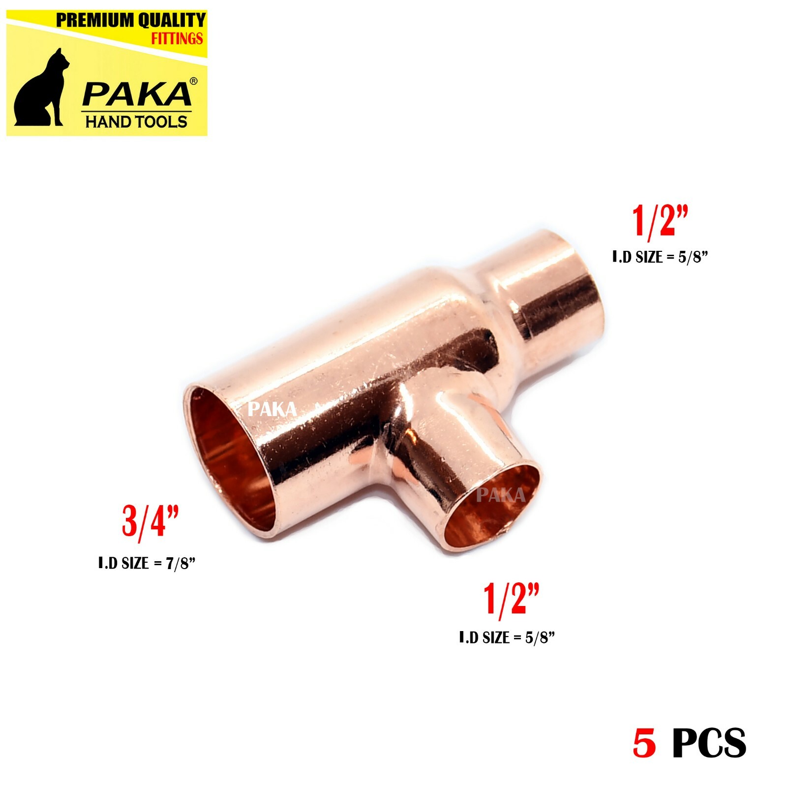 3/4″ x 1/2″ x 1/2″ Copper Tee Pressure Pipe Fitting for Plumbing – 5 PC