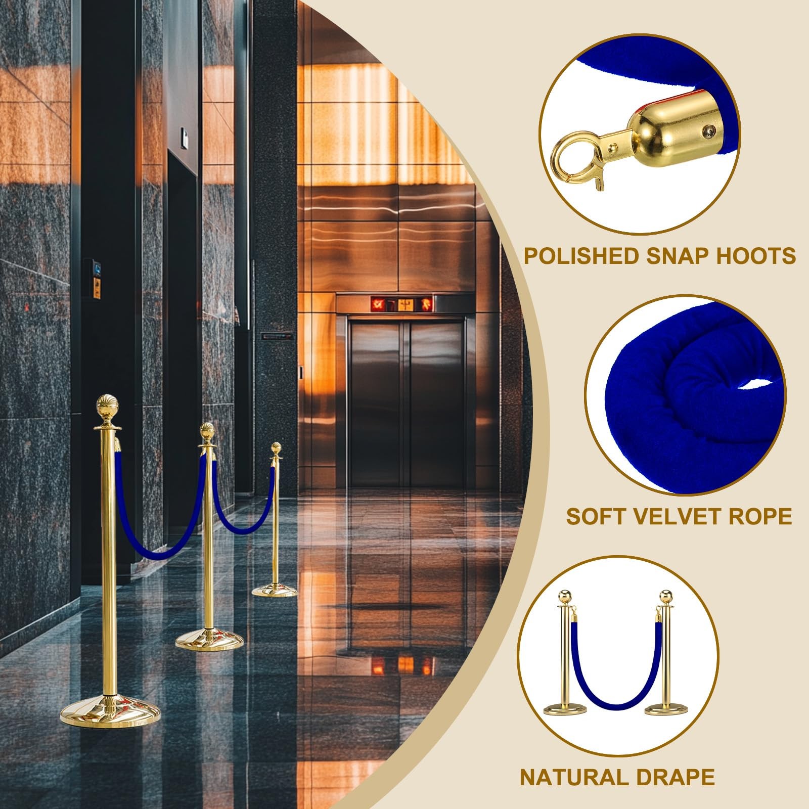 2 Pack Velvet Stanchion Rope 6.6 Ft 2 M Blue Golden Snap Hooks Crowd Control