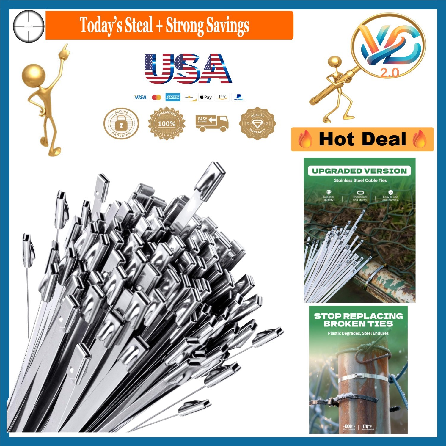 Metal Zip Ties Heavy Duty 304 Stainless Steel 11.8 Inch 198lb Tensile 100 Pack